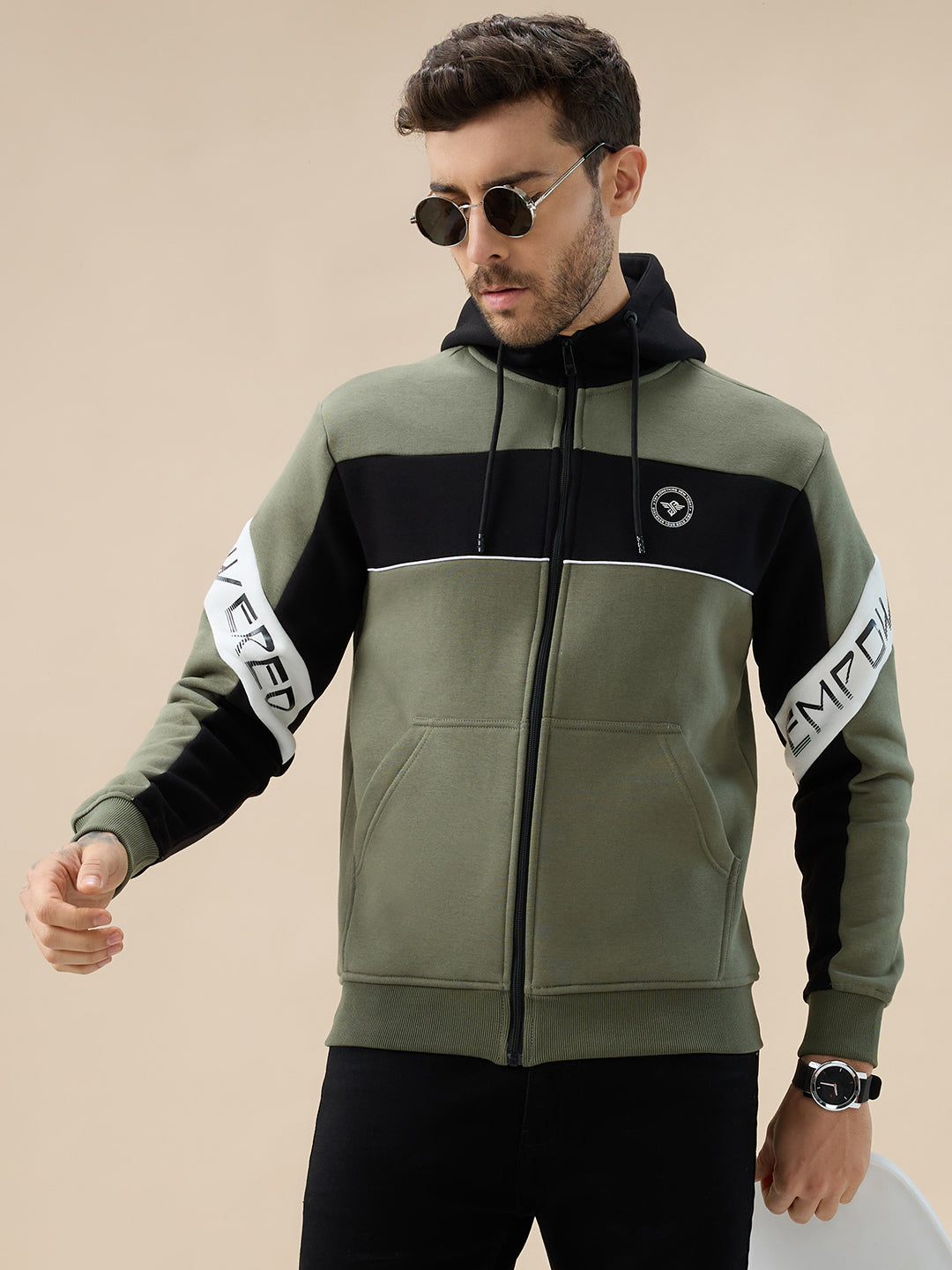 Men's Mix & Match Full Sleeves Hooded Fleece Sweatshirt with Zipper Closure