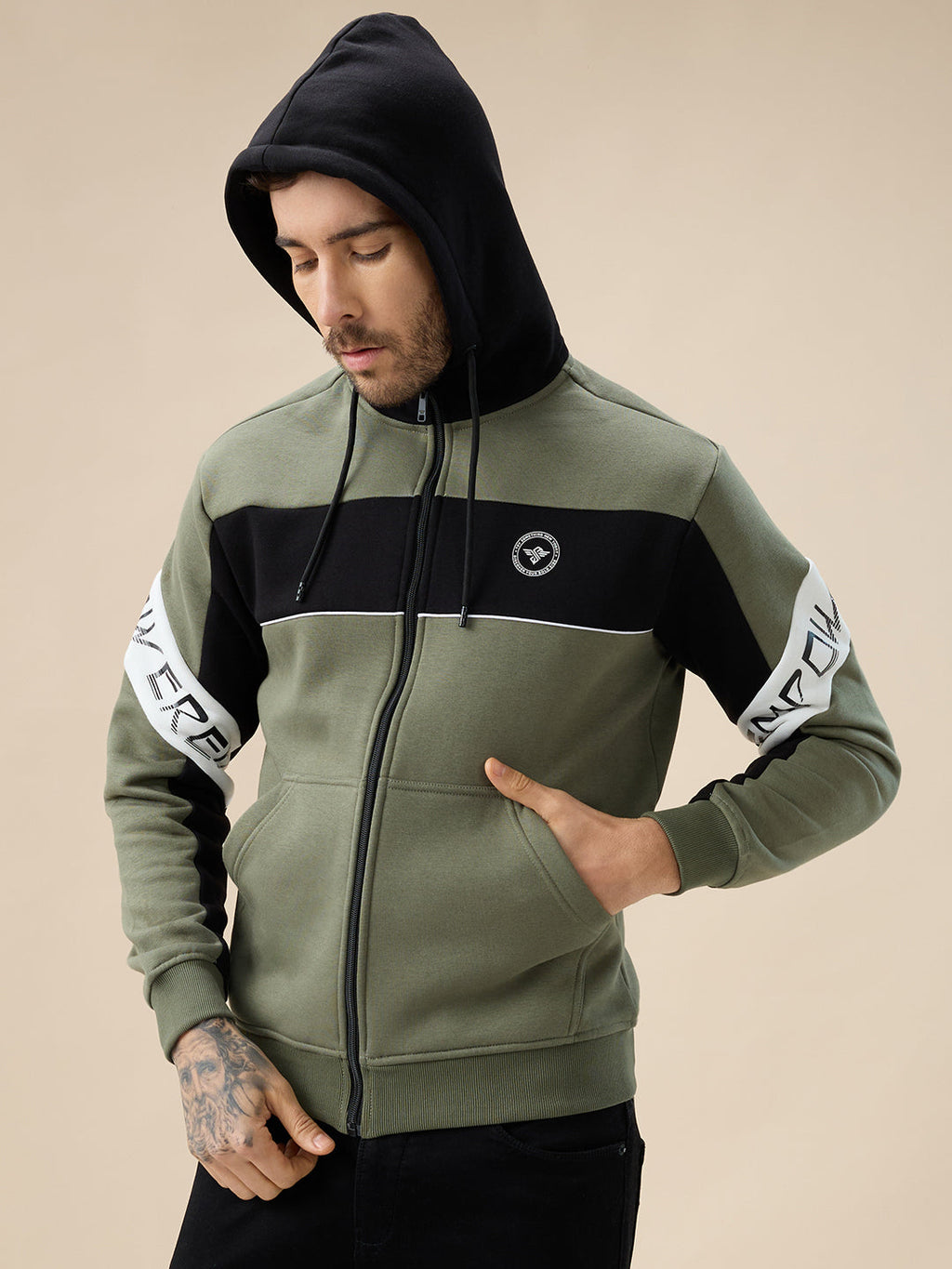 Men's Mix & Match Full Sleeves Hooded Fleece Sweatshirt with Zipper Closure