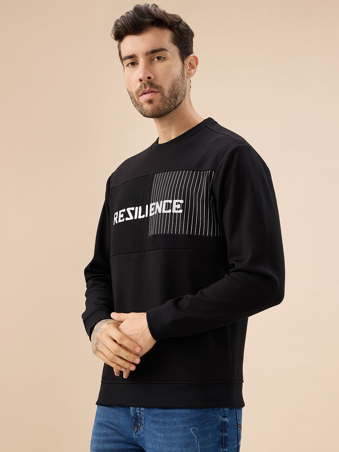 Mens Typography Print Full Sleeve Round Neck Fleece Sweatshirt