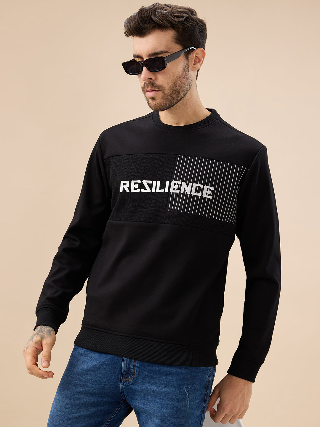 Mens Typography Print Full Sleeve Round Neck Fleece Sweatshirt