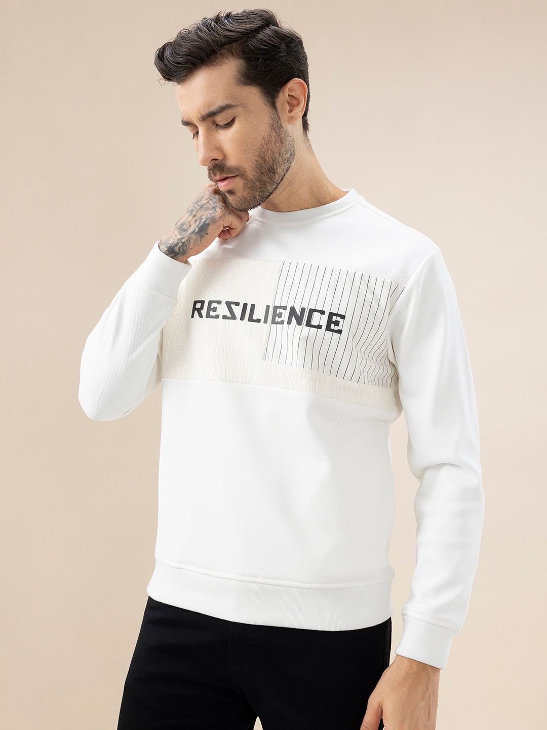Mens Typography Print Full Sleeve Round Neck Fleece Sweatshirt