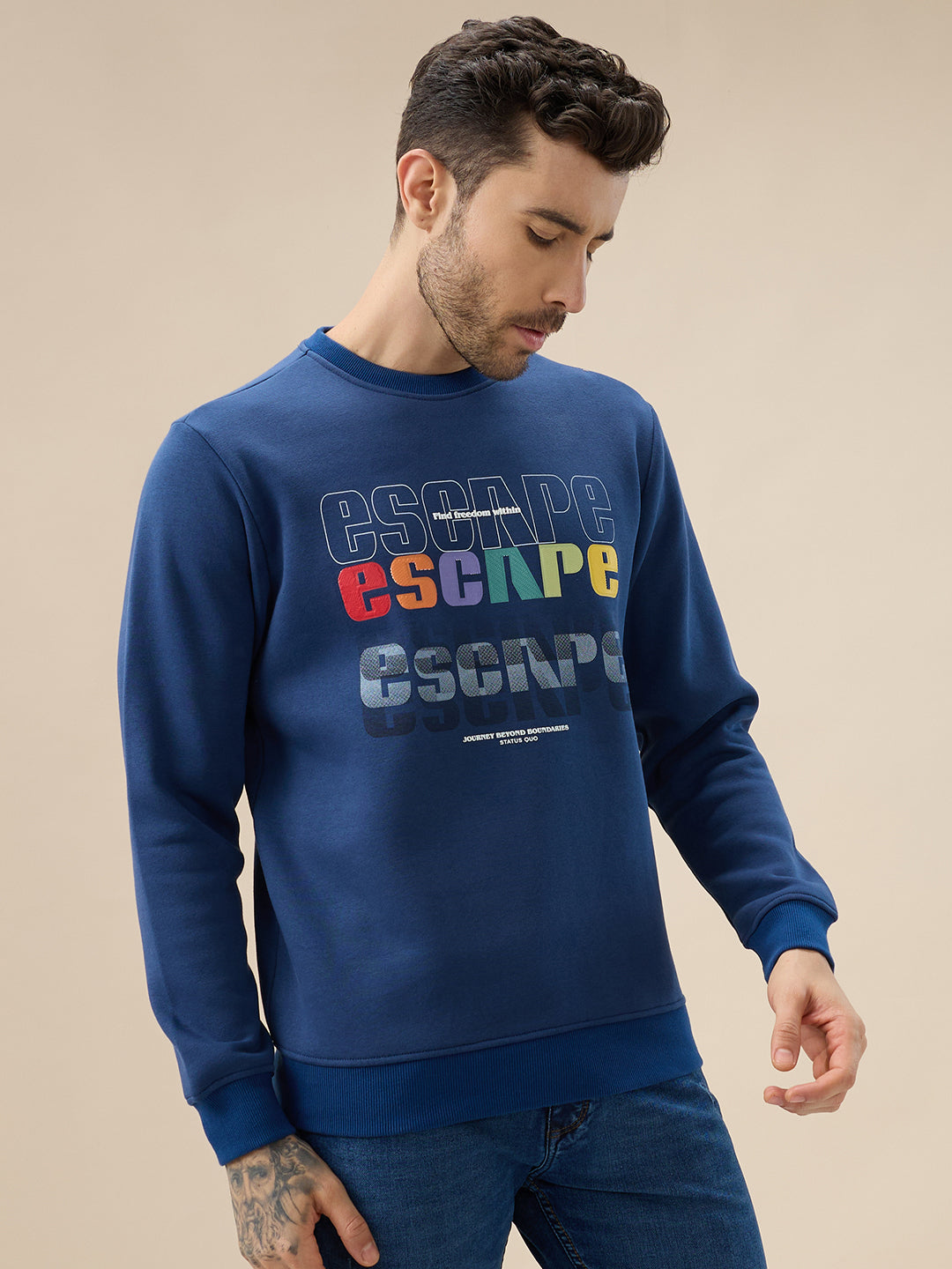 Mens Front Typography Print Full Sleeves Round Neck Fleece Sweatshirt