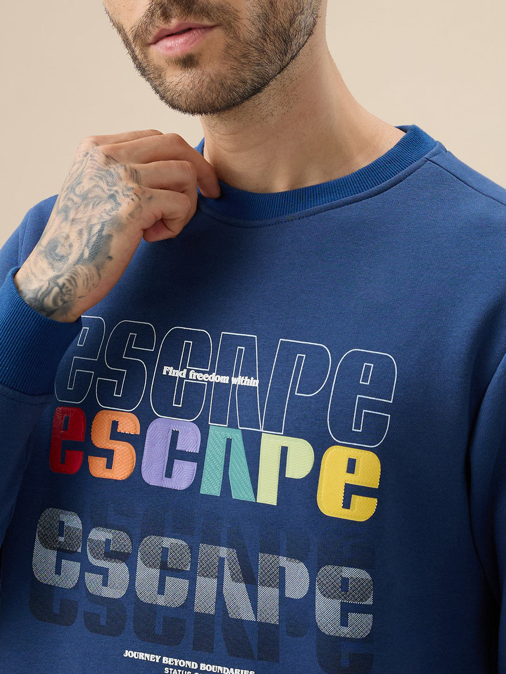 Mens Front Typography Print Full Sleeves Round Neck Fleece Sweatshirt