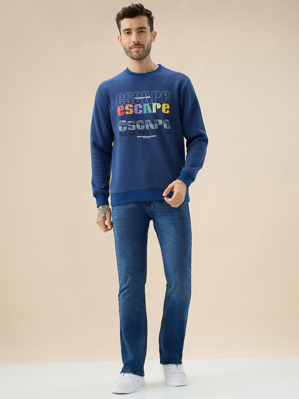 Mens Front Typography Print Full Sleeves Round Neck Fleece Sweatshirt