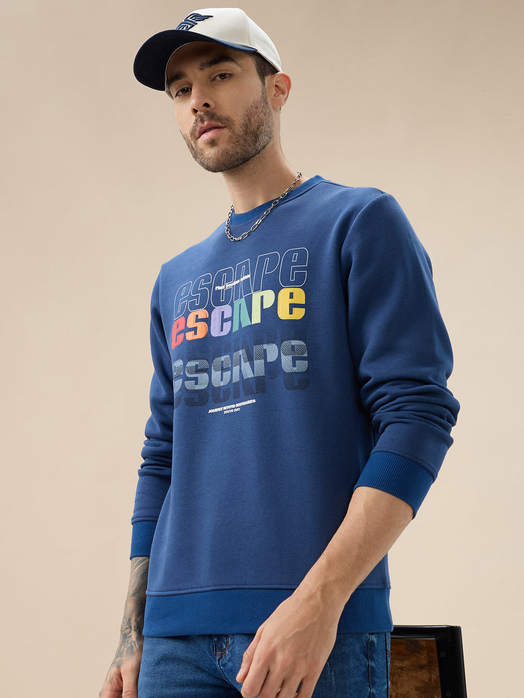Mens Front Typography Print Full Sleeves Round Neck Fleece Sweatshirt