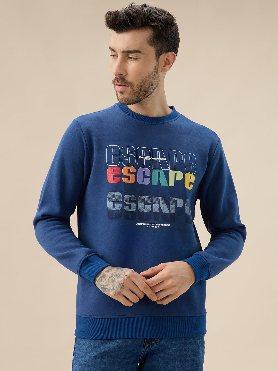 Mens Front Typography Print Full Sleeves Round Neck Fleece Sweatshirt