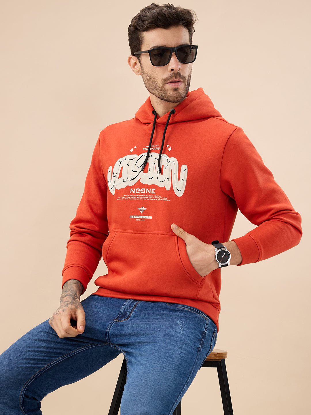 Men's Chest Typography Print Full Sleeve Hooded Fleece Sweatshirt