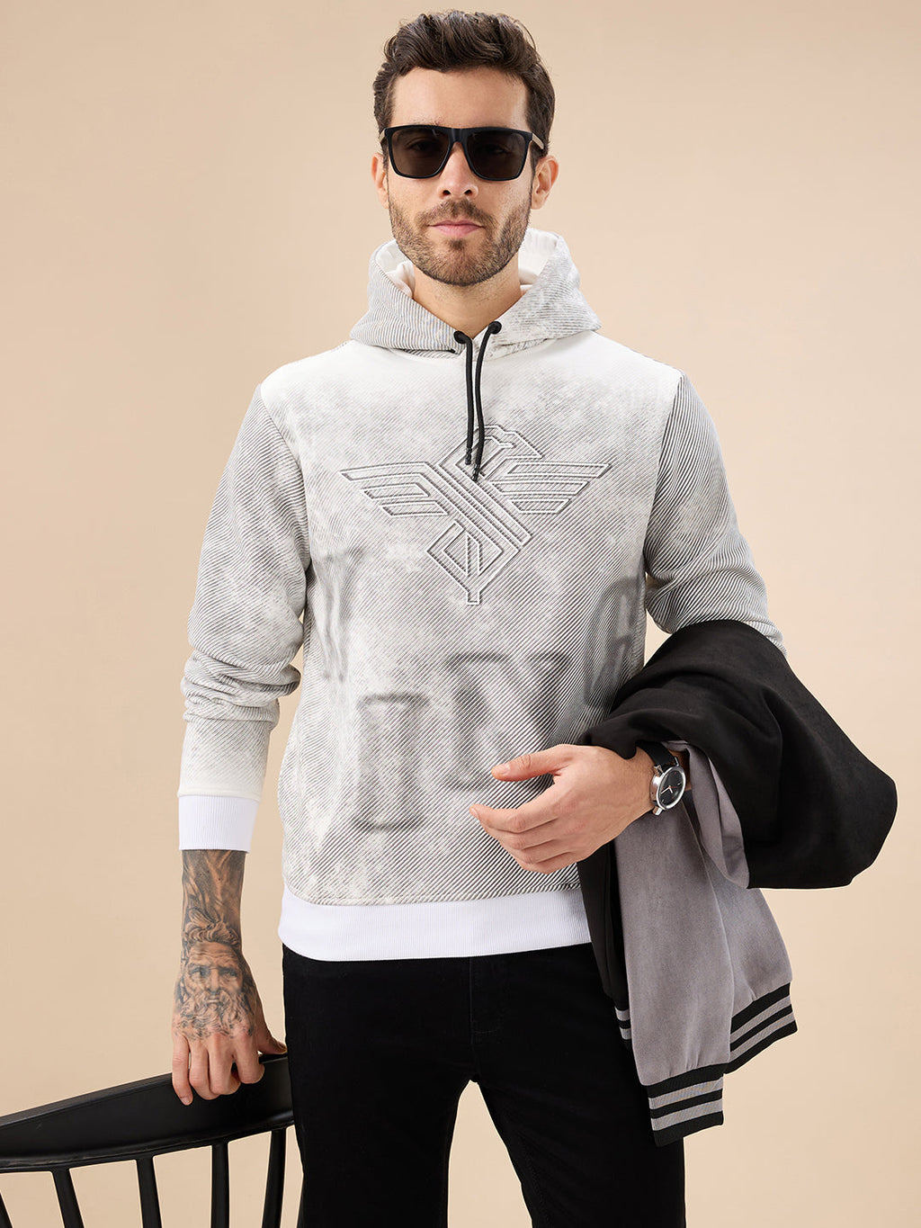 Men's Chest Embossed Print Full Sleeve Hooded Fleece Sweatshirt