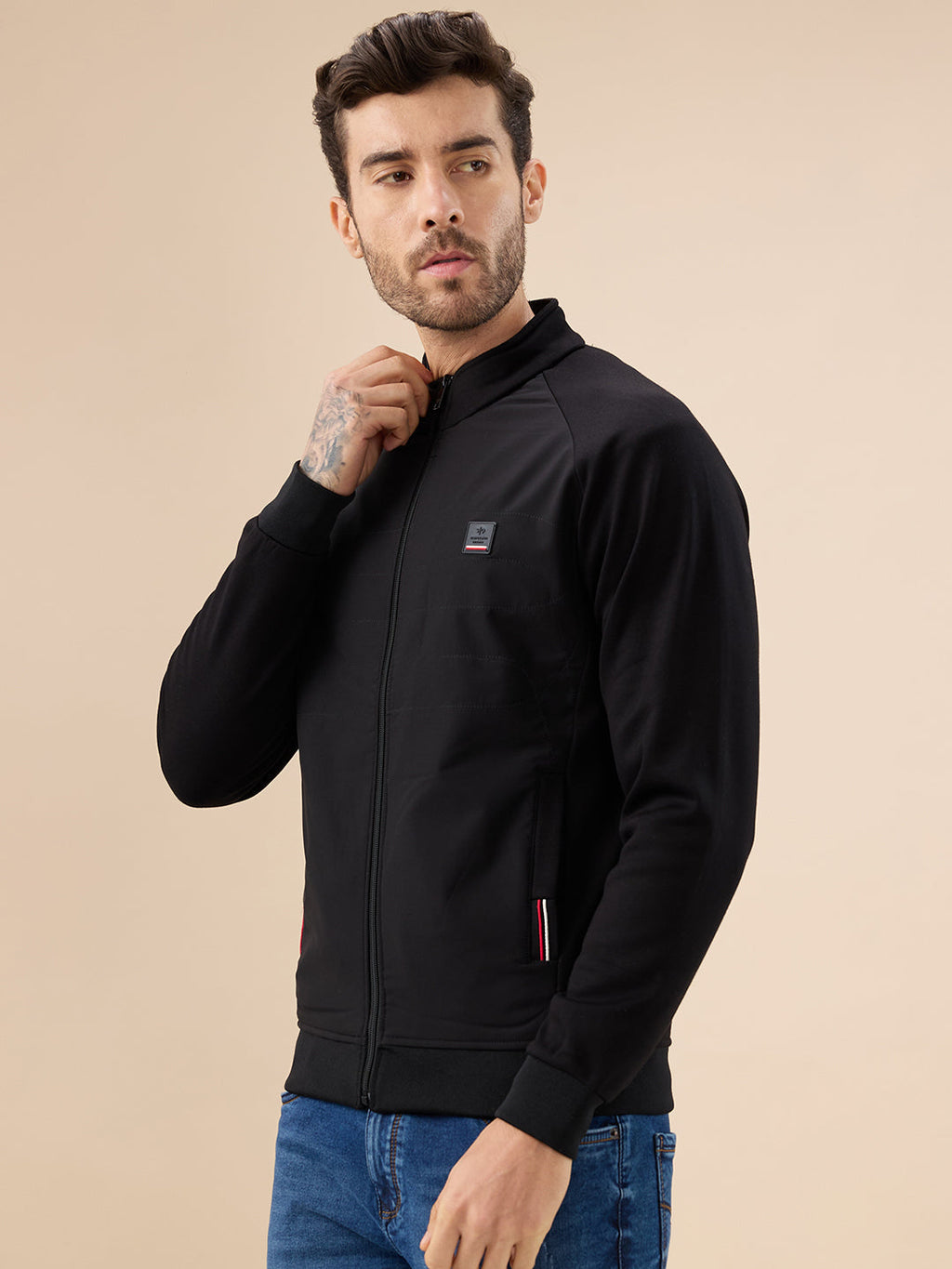 Men's Solid Zip-Front Fleece Sweatshirt with Mock Collar