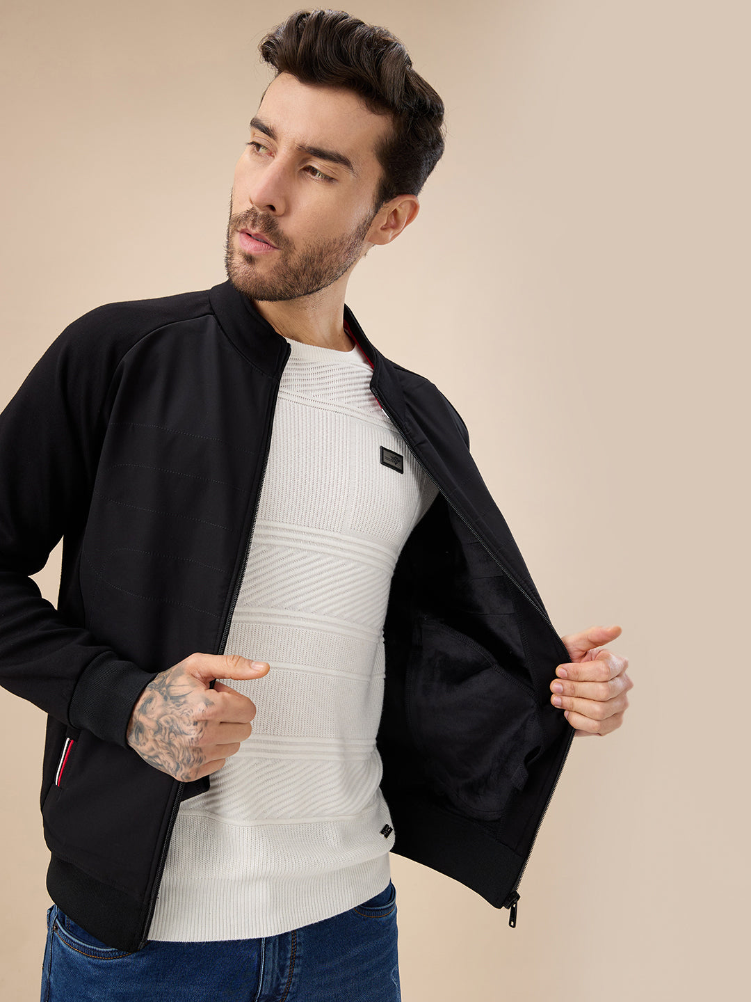 Men's Solid Zip-Front Fleece Sweatshirt with Mock Collar