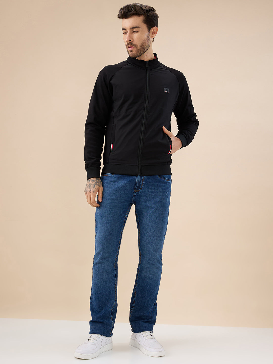 Men's Solid Zip-Front Fleece Sweatshirt with Mock Collar
