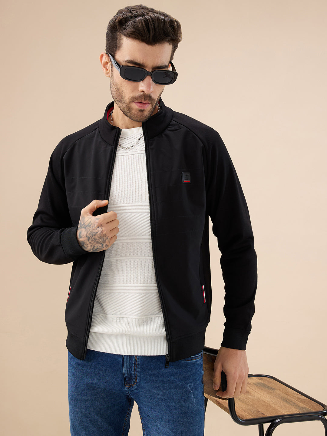 Men's Solid Zip-Front Fleece Sweatshirt with Mock Collar
