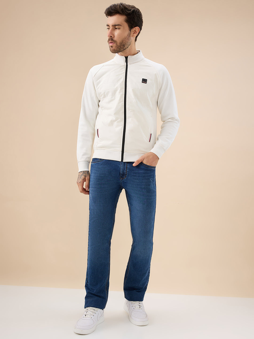 Men's Solid Zip-Front Fleece Sweatshirt with Mock Collar