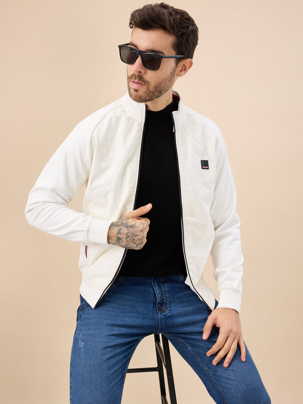 Men's Solid Zip-Front Fleece Sweatshirt with Mock Collar