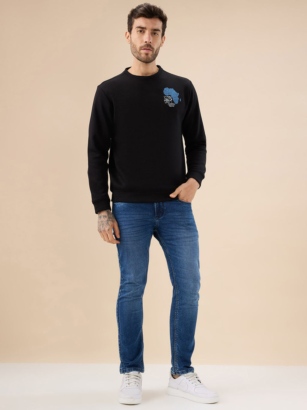 Men's Chest & Back Graphic Print Full Sleeve Round Neck Fleece Sweatshirt