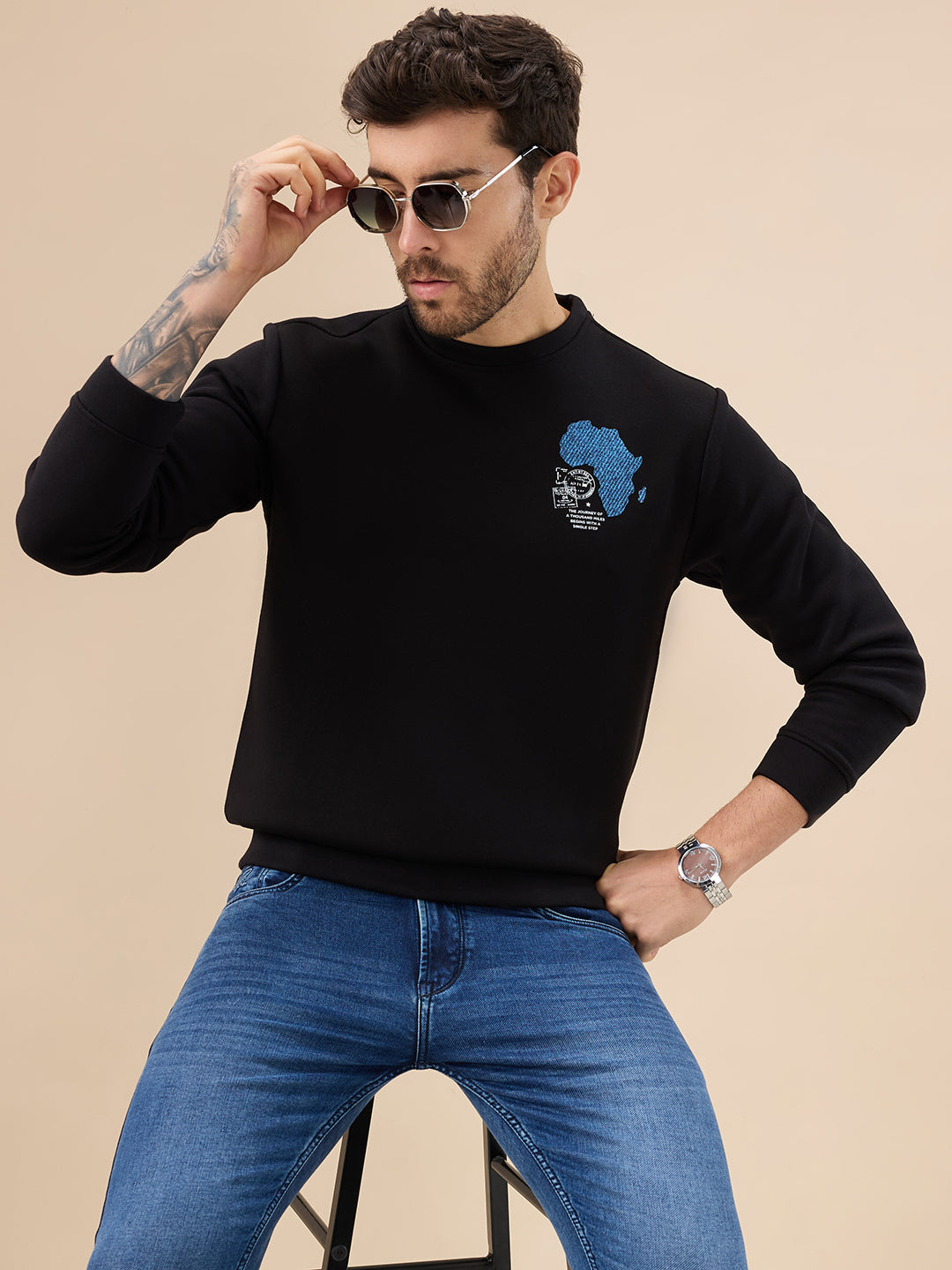 Men's Chest & Back Graphic Print Full Sleeve Round Neck Fleece Sweatshirt