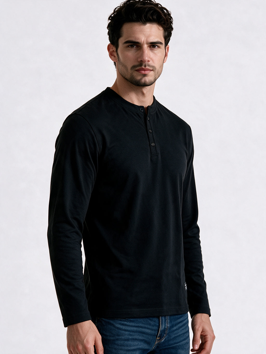 Black Long Sleeve Henley T-Shirt