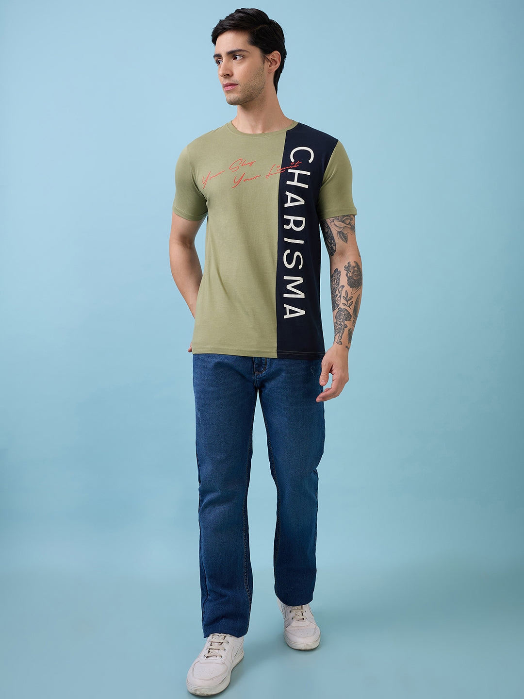 Mens Full-Front Self Design Printed Round Neck Half Sleeves Tshirt