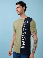 Mens Full-Front Self Design Printed Round Neck Half Sleeves Tshirt