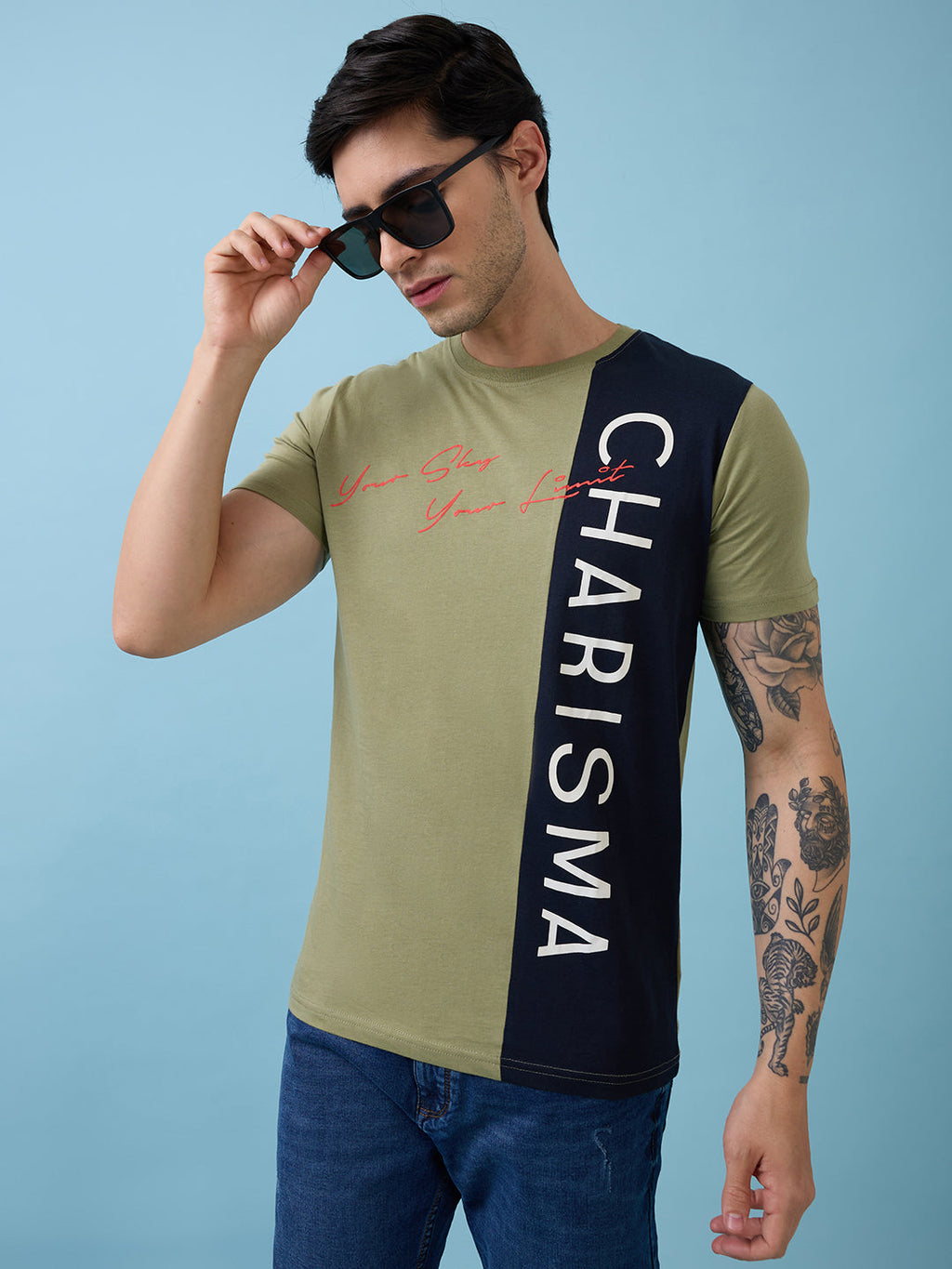 Mens Full-Front Self Design Printed Round Neck Half Sleeves Tshirt