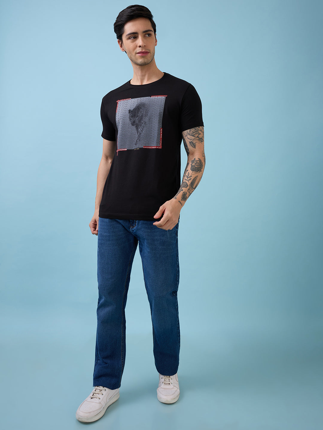Mens Chest Animal Printed Round Neck Half Sleeves Tshirt
