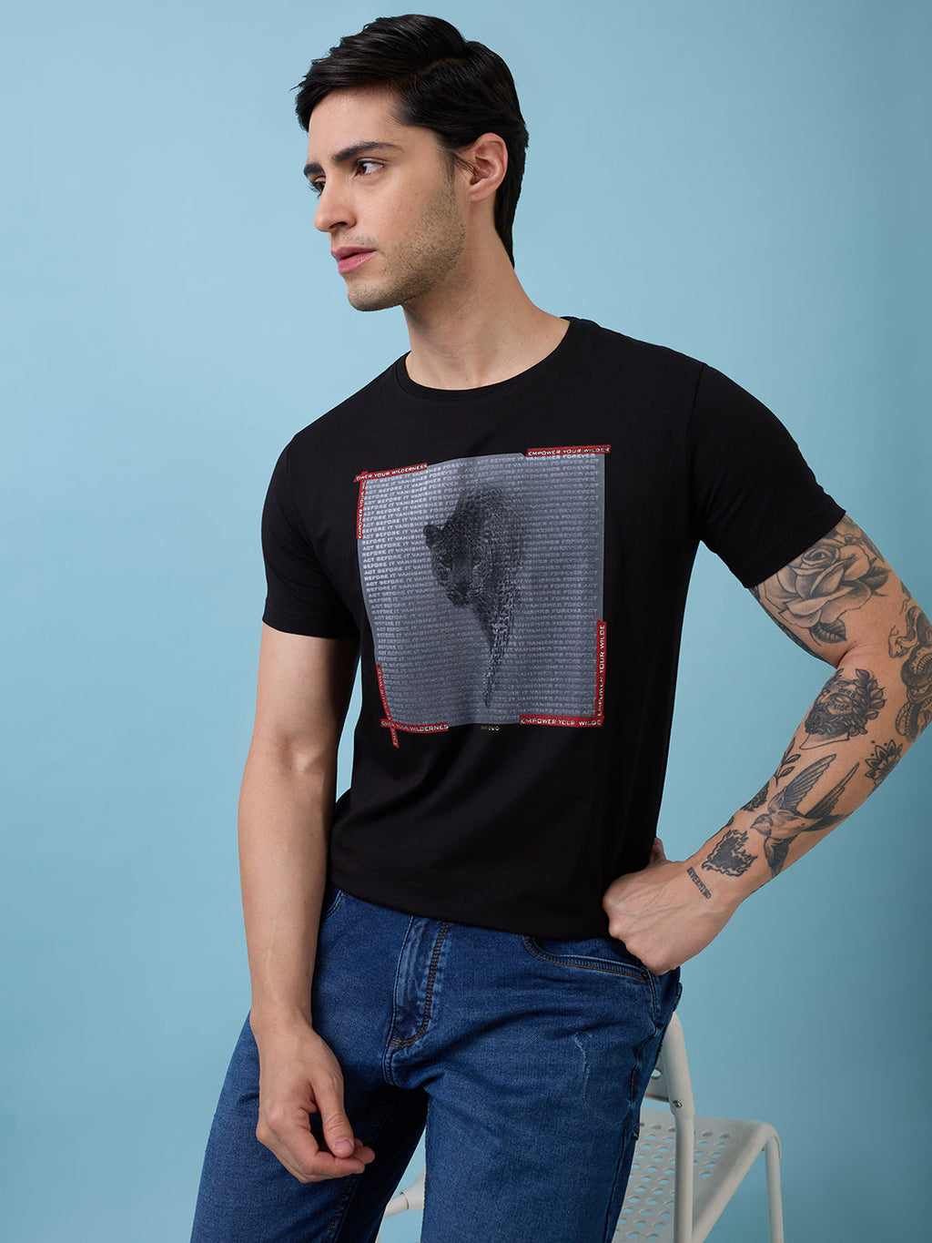 Mens Chest Animal Printed Round Neck Half Sleeves Tshirt