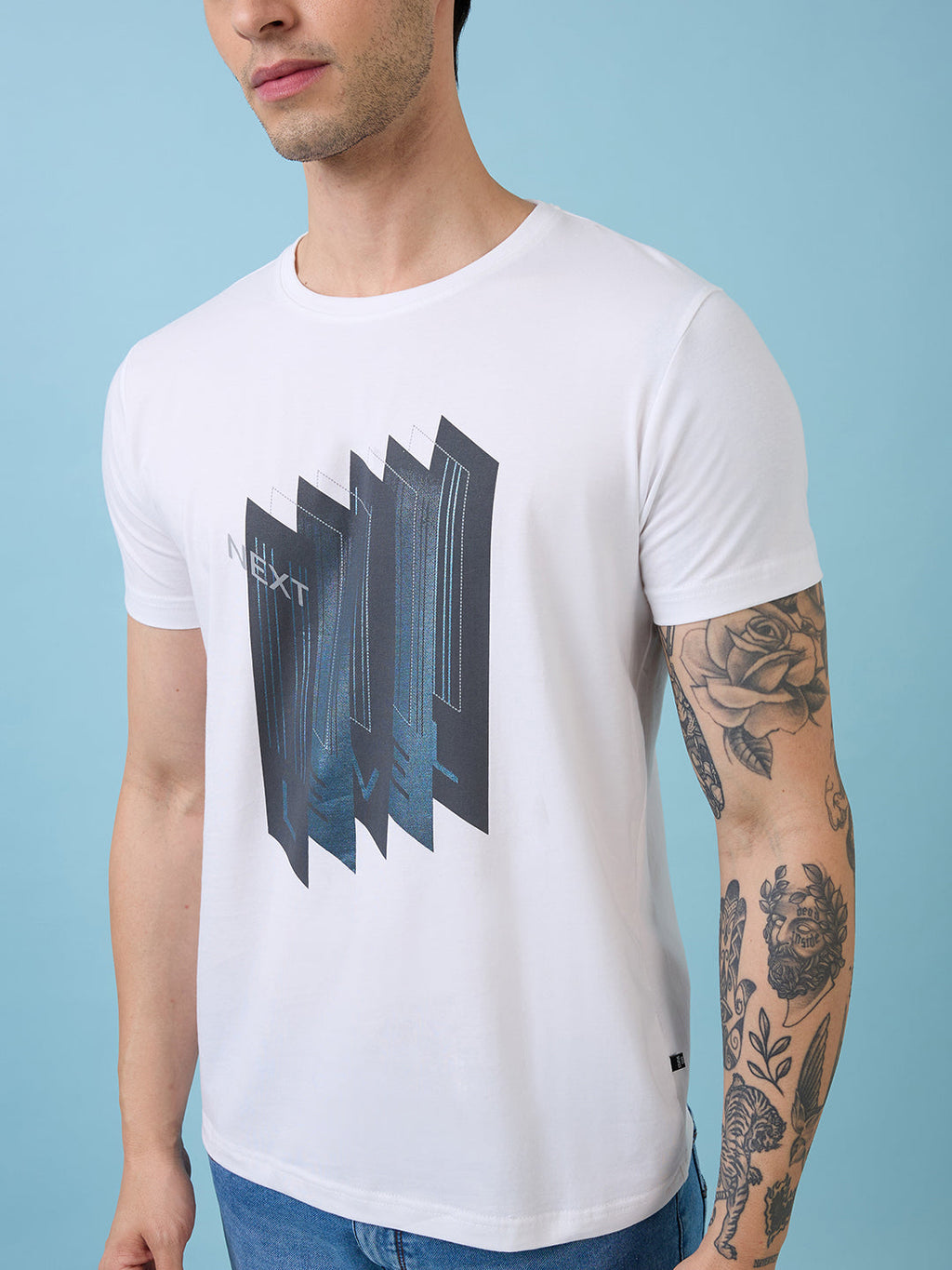 Mens Chest Graphic Printed Round Neck Half Sleeves Tshirt