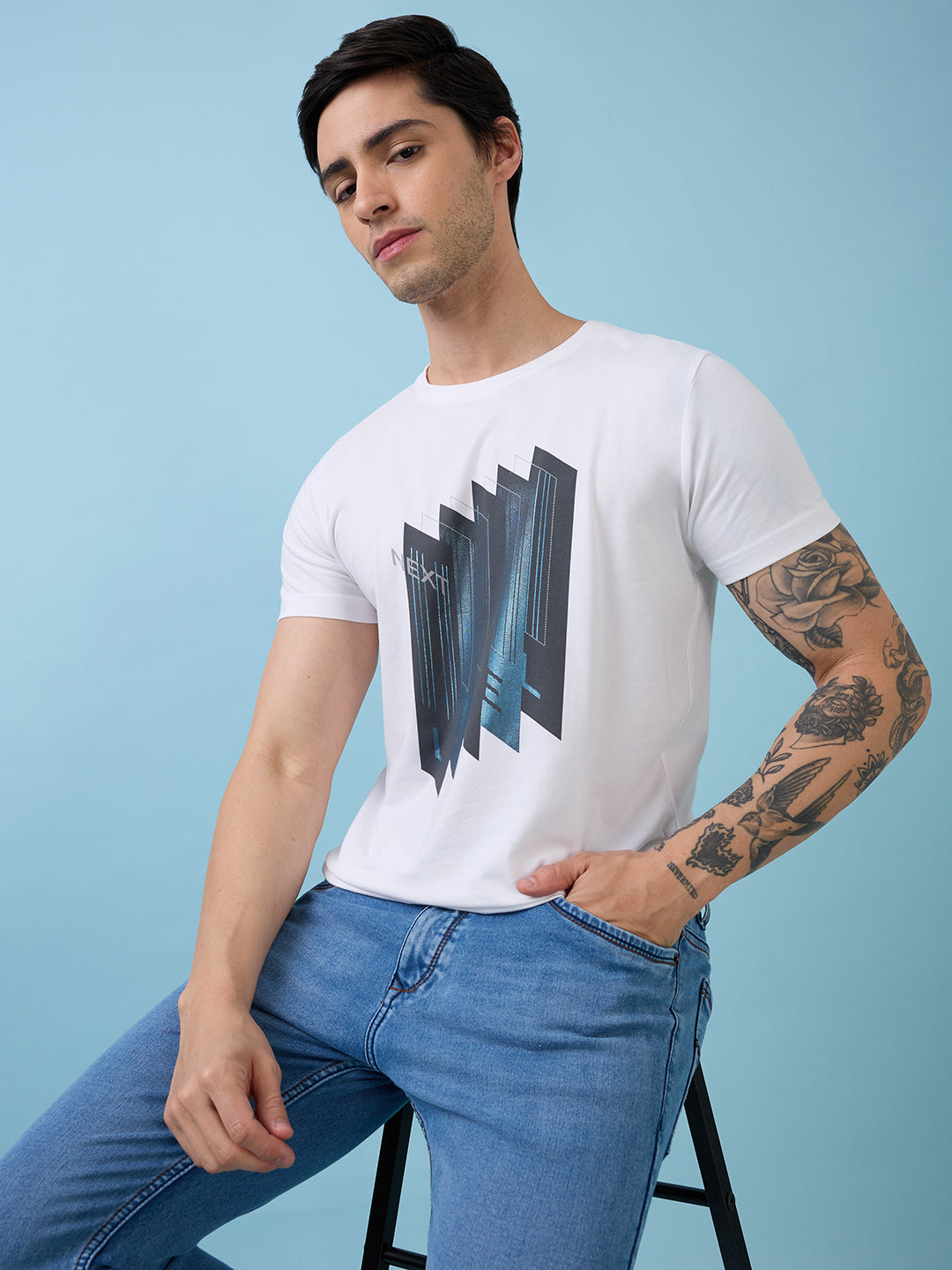 Mens Chest Graphic Printed Round Neck Half Sleeves Tshirt