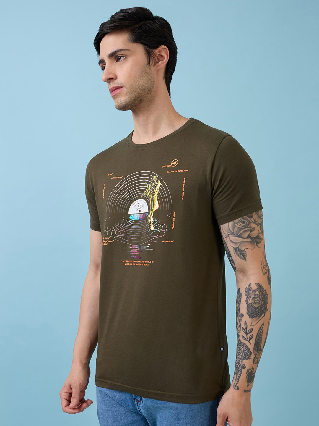 Mens Chest Graphic Printed Round Neck Half Sleeves Tshirt