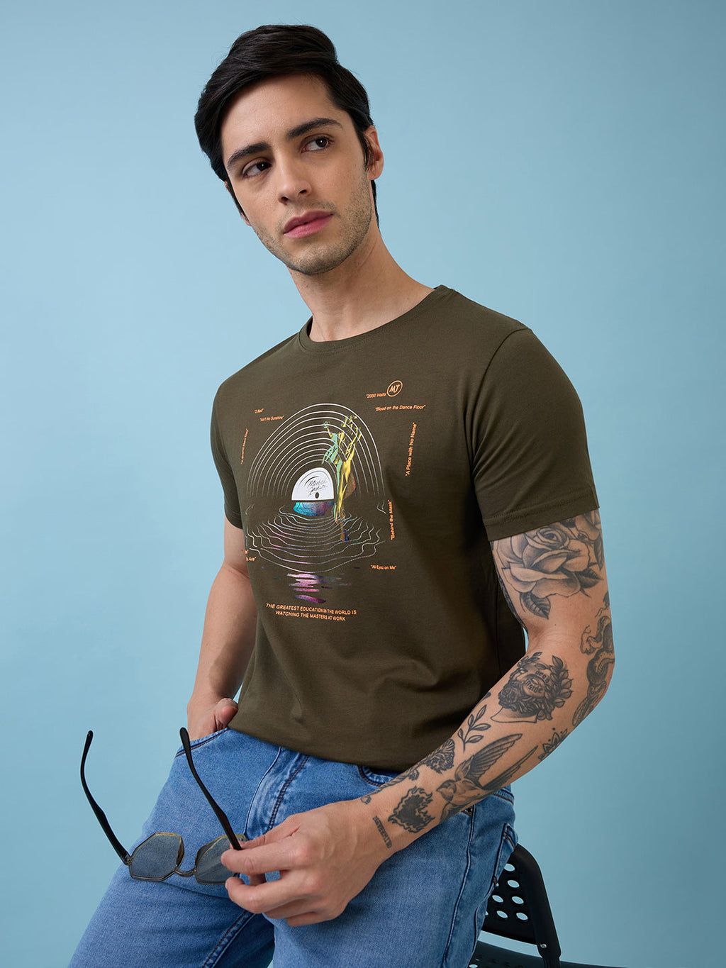 Mens Chest Graphic Printed Round Neck Half Sleeves Tshirt