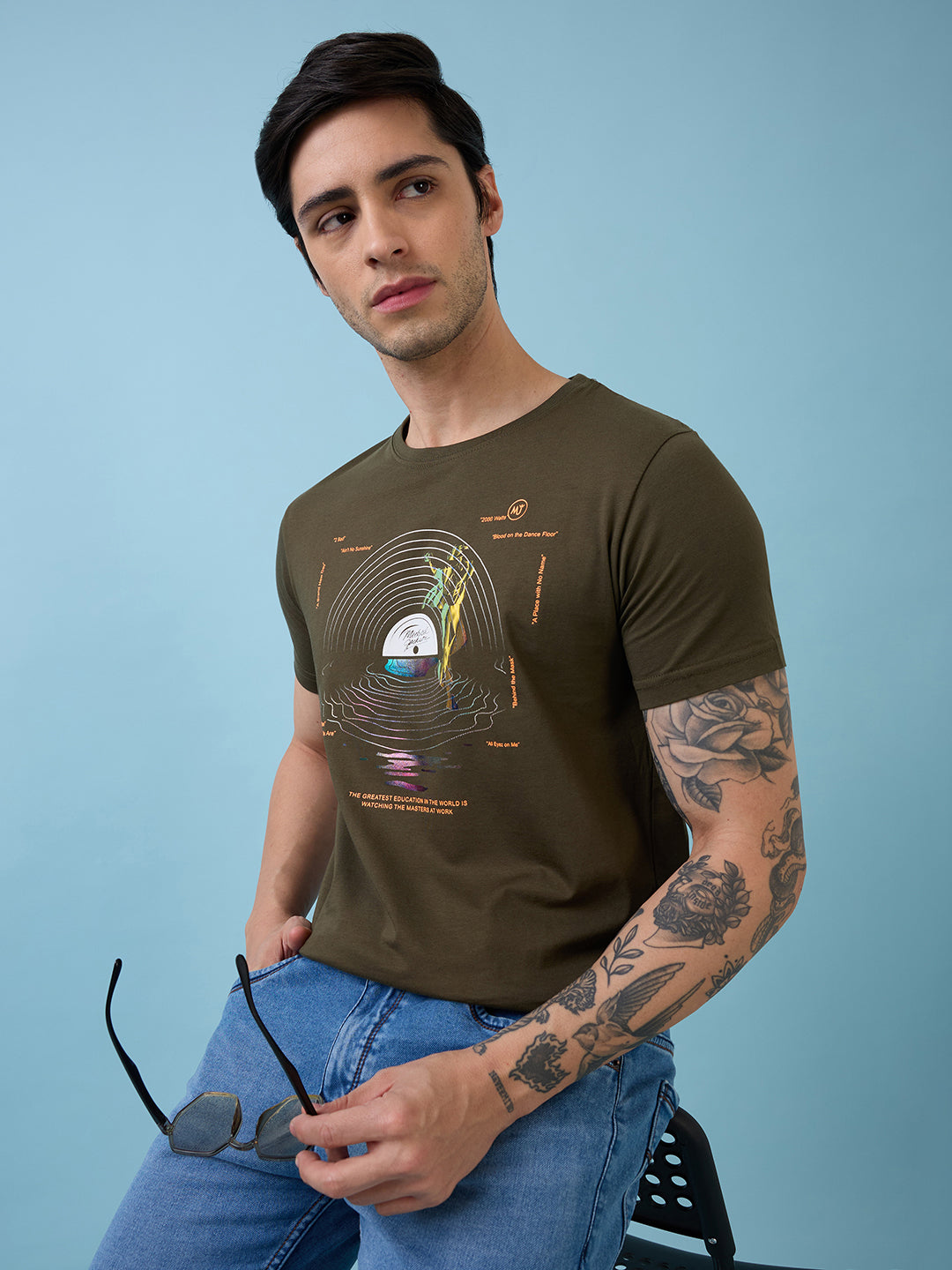 Mens Chest Graphic Printed Round Neck Half Sleeves Tshirt