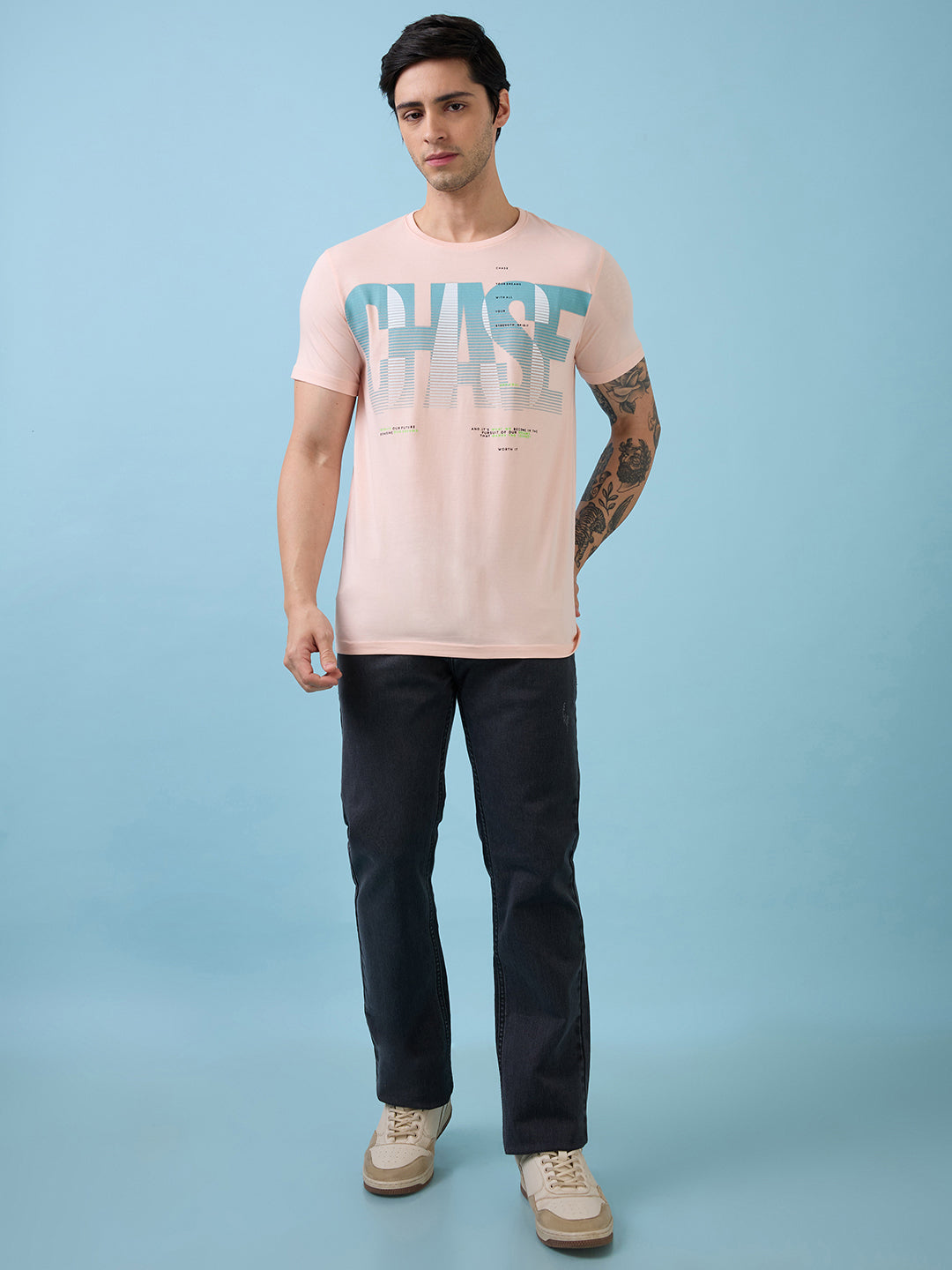 Mens Chest Self Design Printed Round Neck Half Sleeves Tshirt