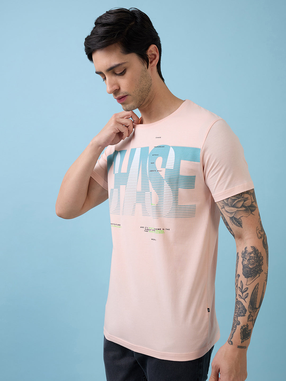 Mens Chest Self Design Printed Round Neck Half Sleeves Tshirt