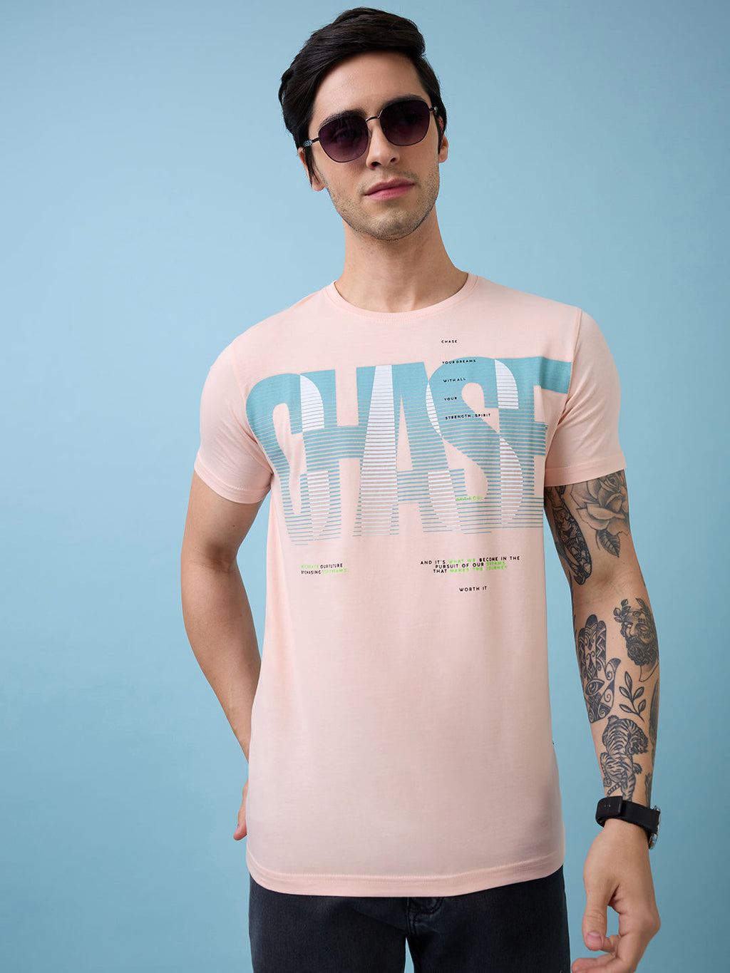 Mens Chest Self Design Printed Round Neck Half Sleeves Tshirt