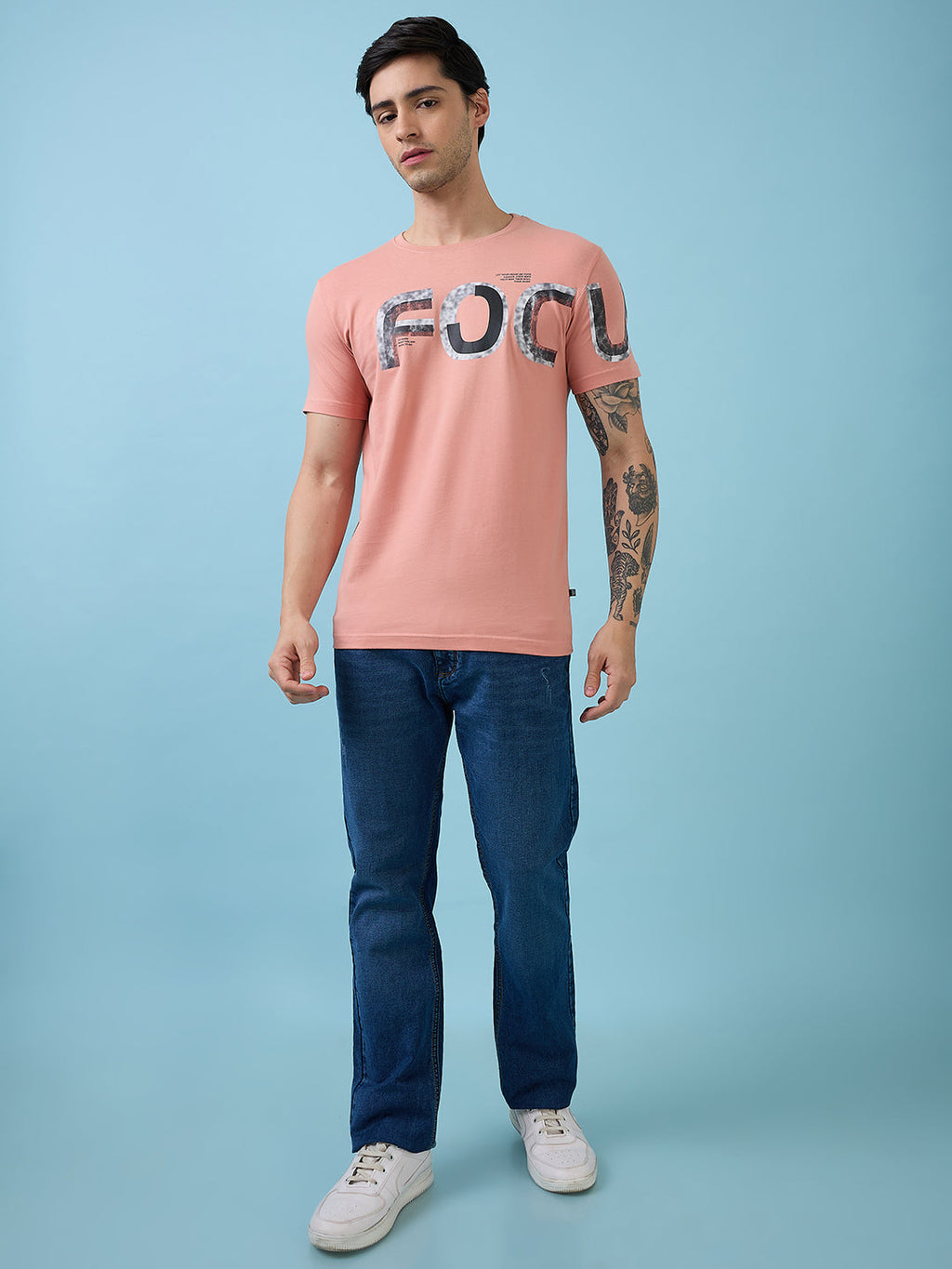 Mens Chest Typography Printed Round Neck Half Sleeves Tshirt