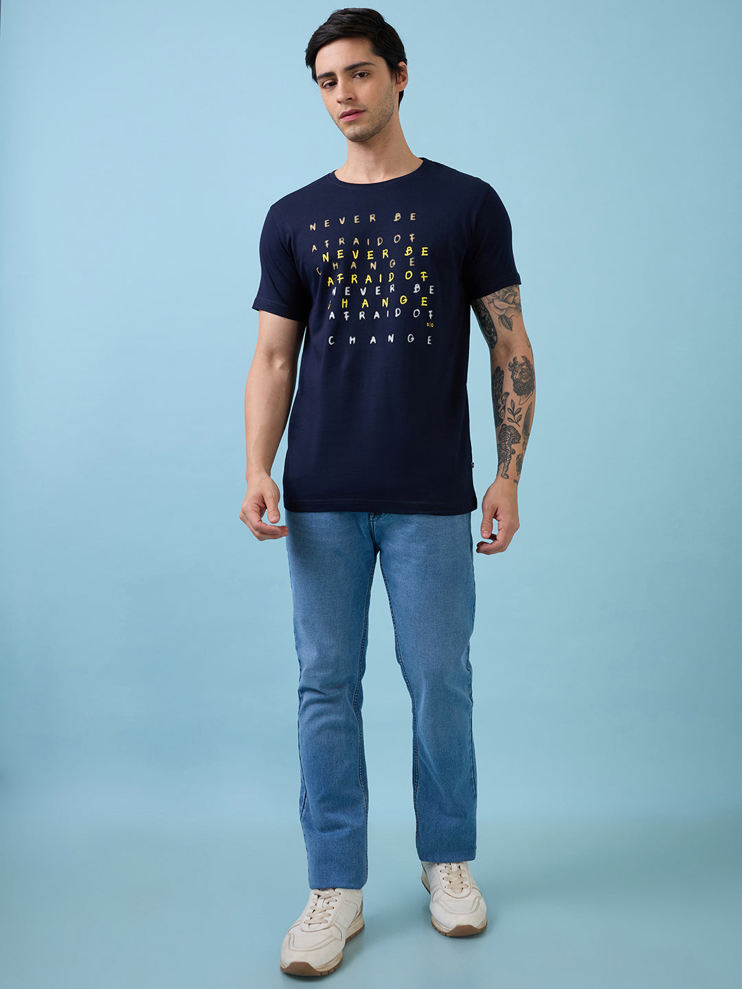 Mens Chest Typography Printed Round Neck Half Sleeves Tshirt