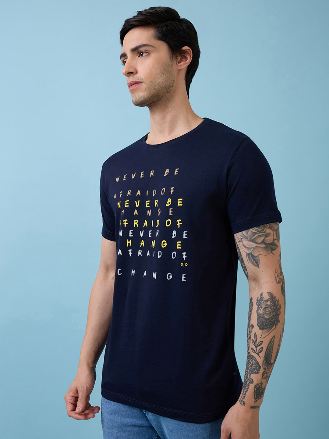 Mens Chest Typography Printed Round Neck Half Sleeves Tshirt