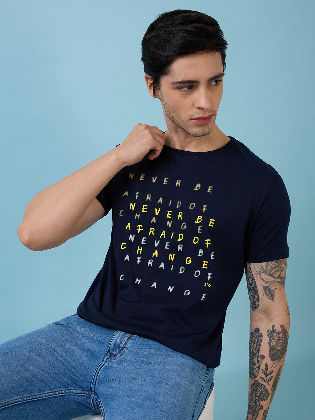 Mens Chest Typography Printed Round Neck Half Sleeves Tshirt