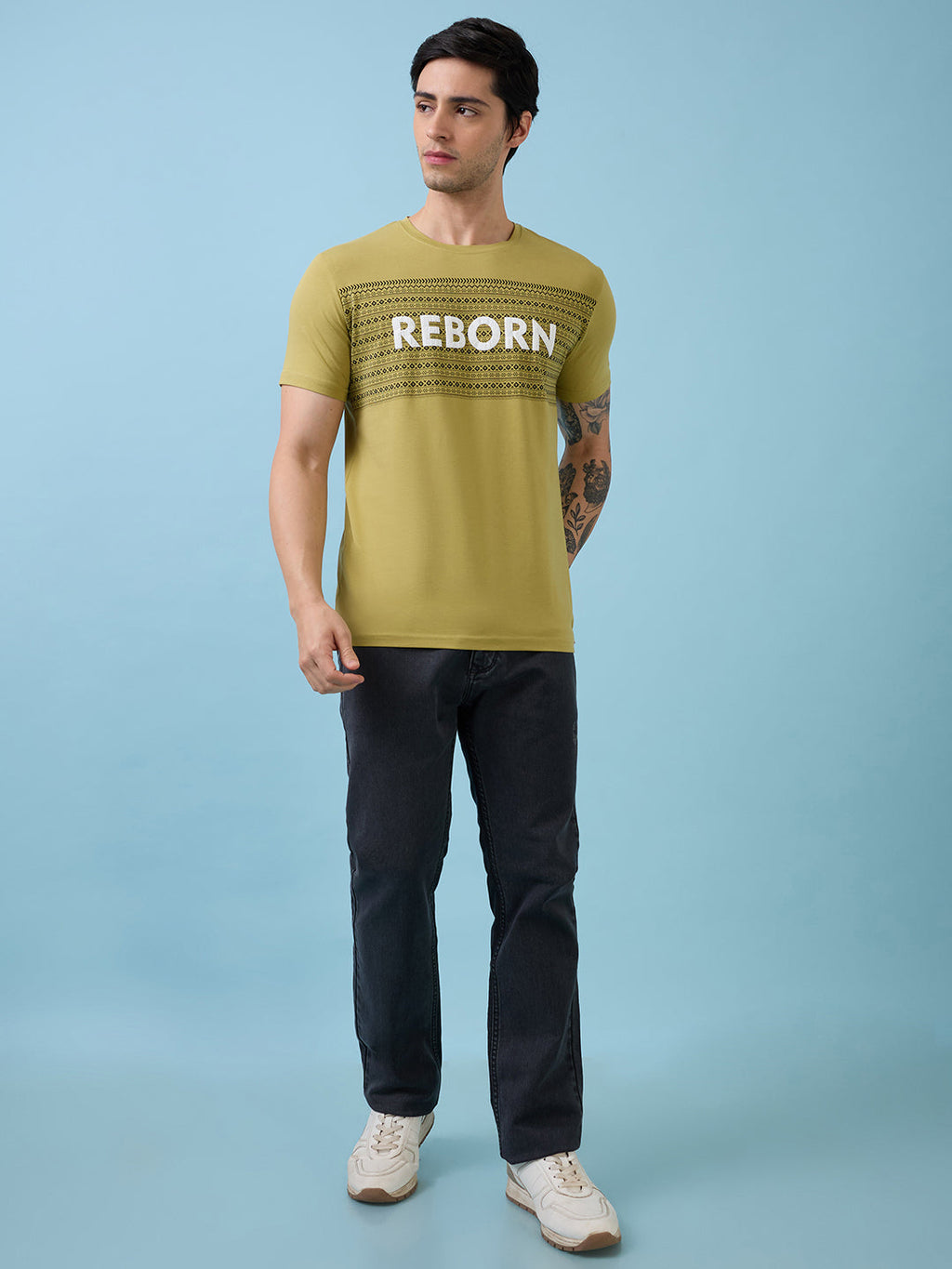 Mens Chest Self Design Printed Round Neck Half Sleeves Tshirt