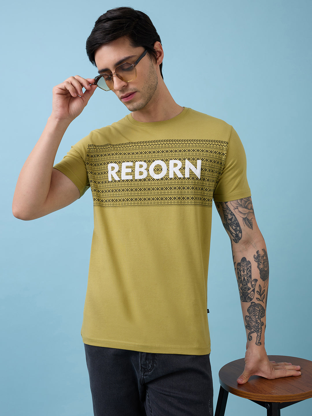 Mens Chest Self Design Printed Round Neck Half Sleeves Tshirt