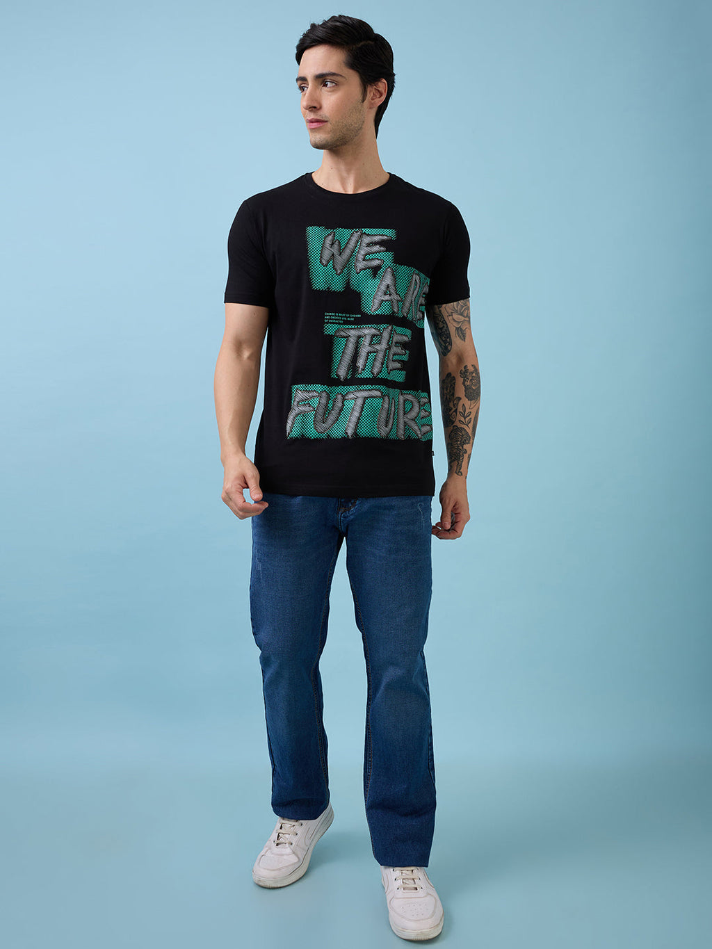 Mens Full-Front Typography Printed Round Neck Half Sleeves Tshirt