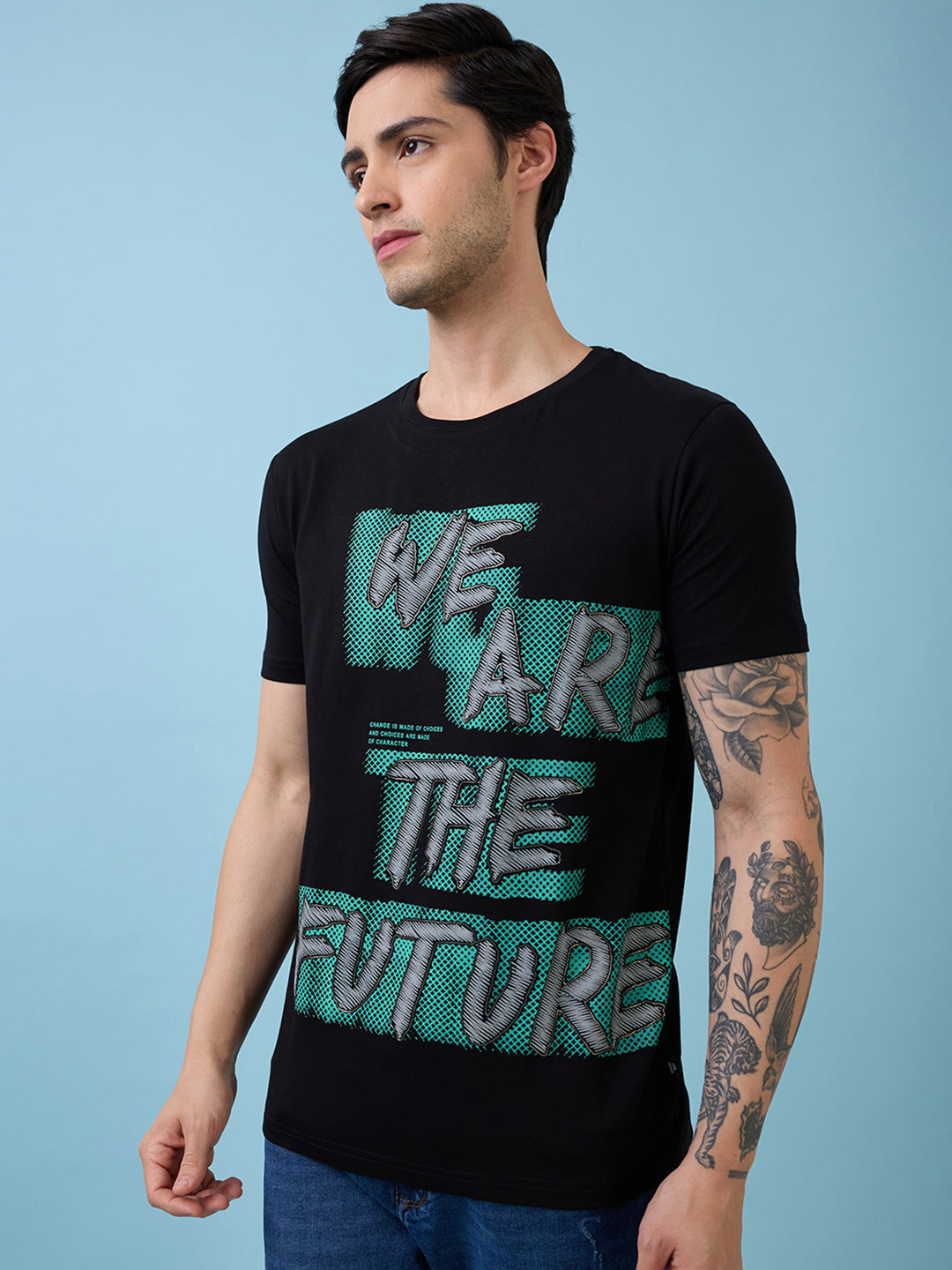 Mens Full-Front Typography Printed Round Neck Half Sleeves Tshirt