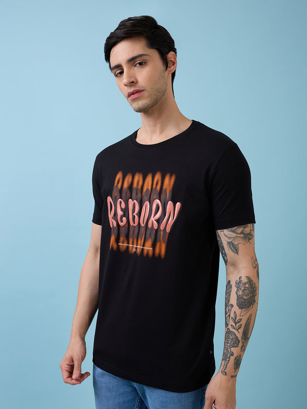 Mens Chest Typography Printed Round Neck Half Sleeves Tshirt