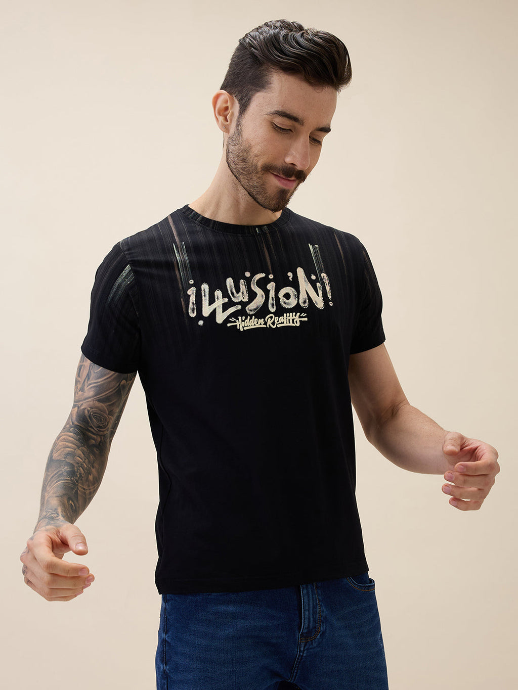 Men's Printed Round Neck Half Sleeves Regular Fit Tshirt