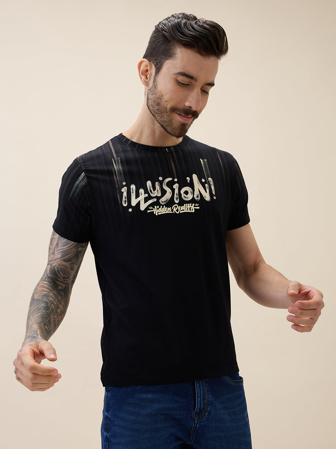 Men's Printed Round Neck Half Sleeves Regular Fit Tshirt