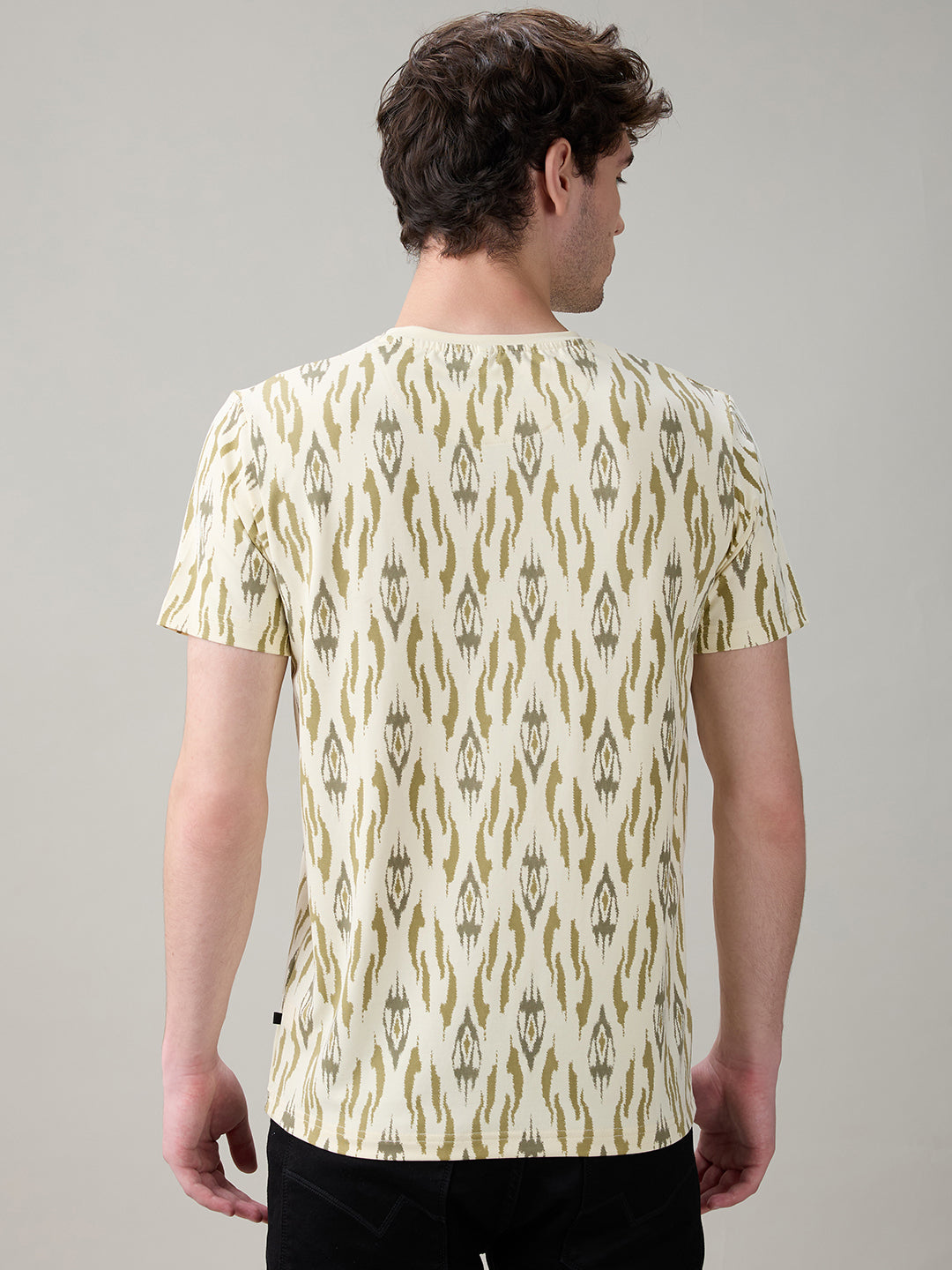 Status Quo Men's Ikat Printed Cotton Round Neck T-Shirt with Minimal Typography