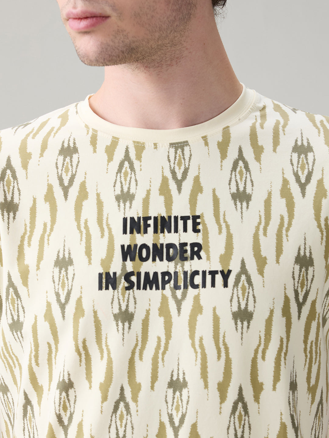 Status Quo Men's Ikat Printed Cotton Round Neck T-Shirt with Minimal Typography