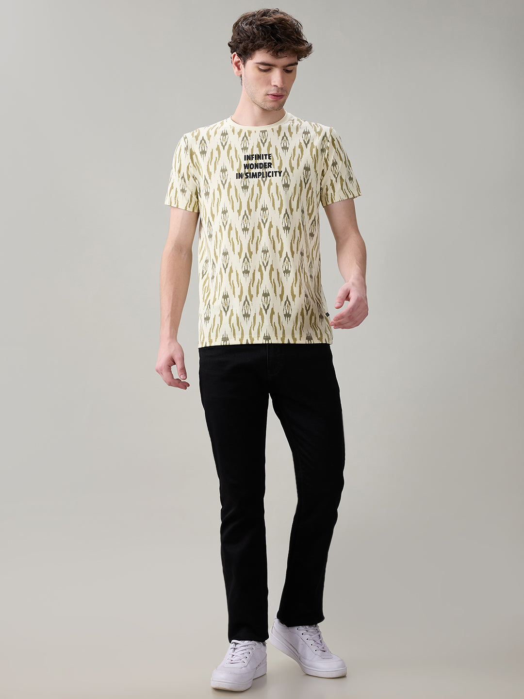 Status Quo Men's Ikat Printed Cotton Round Neck T-Shirt with Minimal Typography