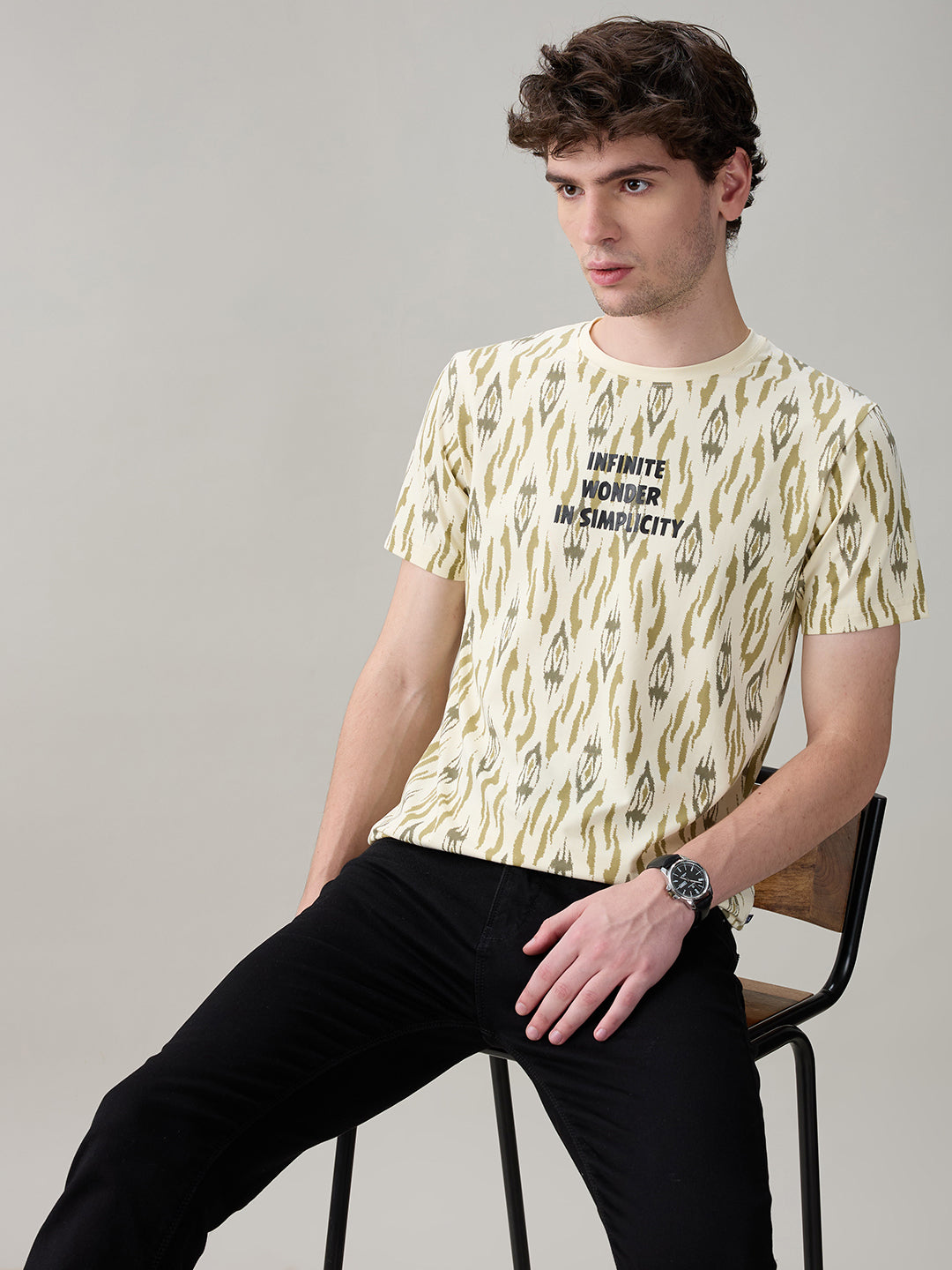 Status Quo Men's Ikat Printed Cotton Round Neck T-Shirt with Minimal Typography