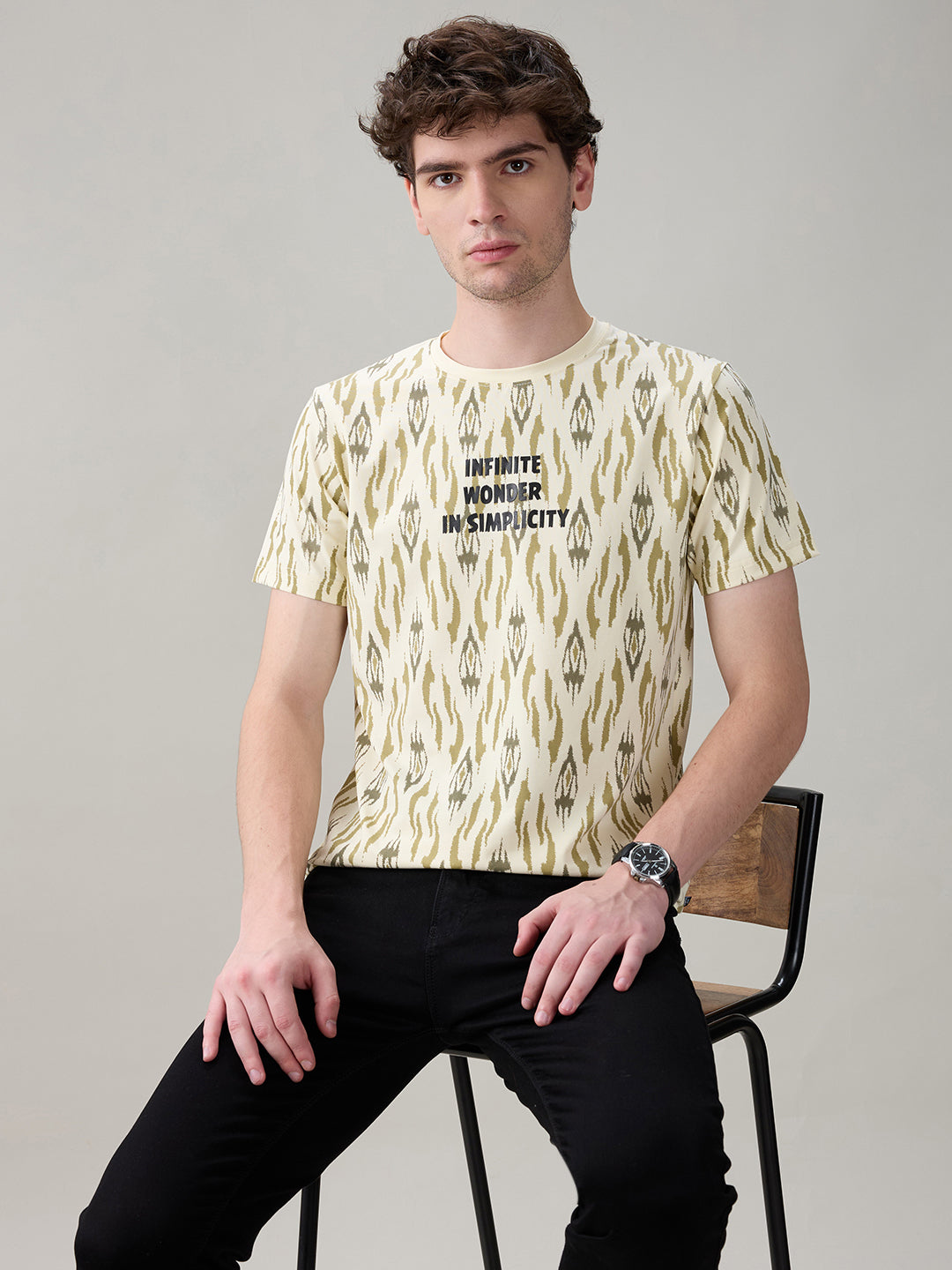 Status Quo Men's Ikat Printed Cotton Round Neck T-Shirt with Minimal Typography